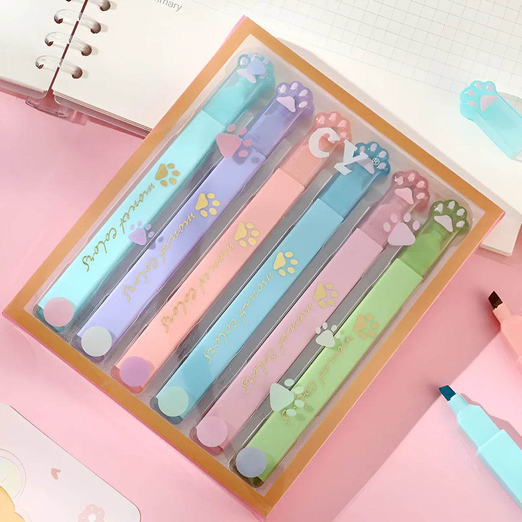 Cat's Paw brand box containing six fluorescent marker pens with oblique heads, in assorted colours.
