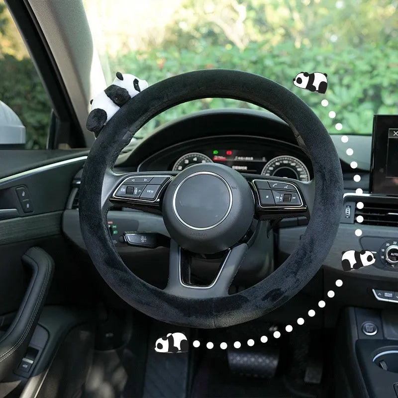 Black plush panda steering wheel cover and matching shoulder pad set for 38cm car wheels