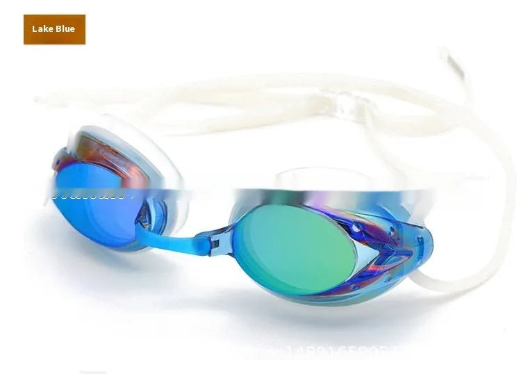 Anti-fog HD waterproof competitive swimming goggles for adults in bright blue colour