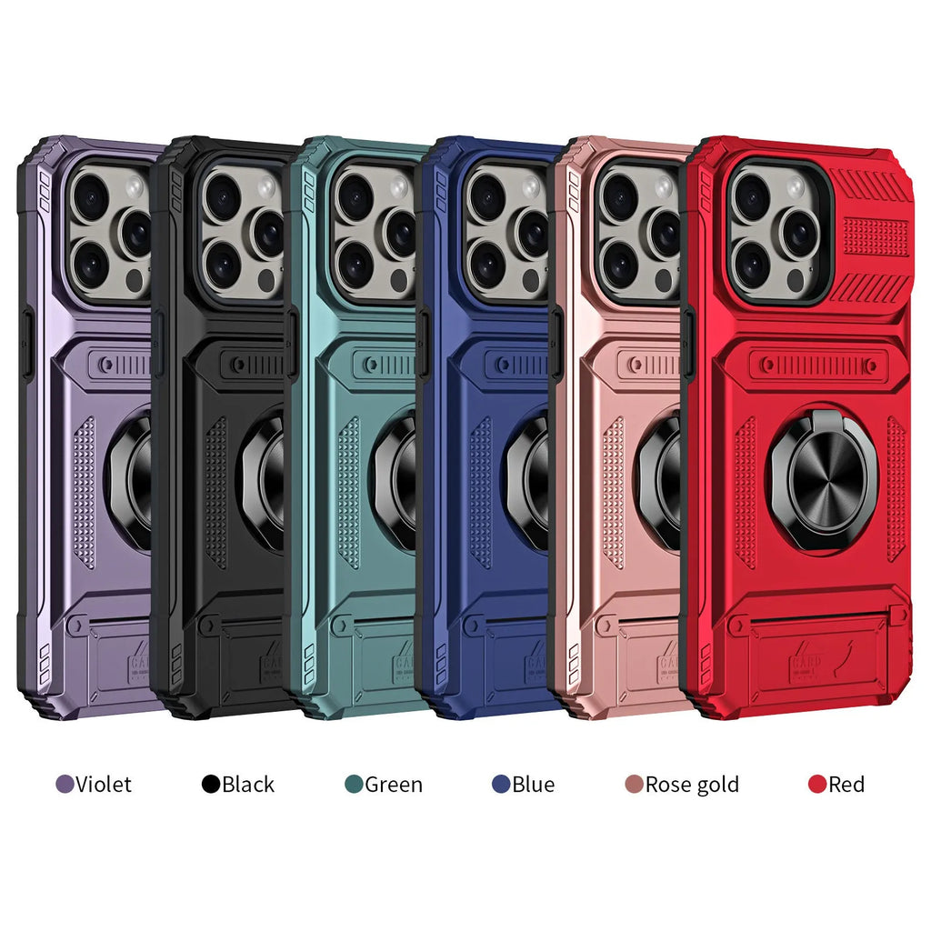 Multifunctional phone case with hidden card slot, bracket, and magnetic suction for iPhone in a range of colours including black and pink