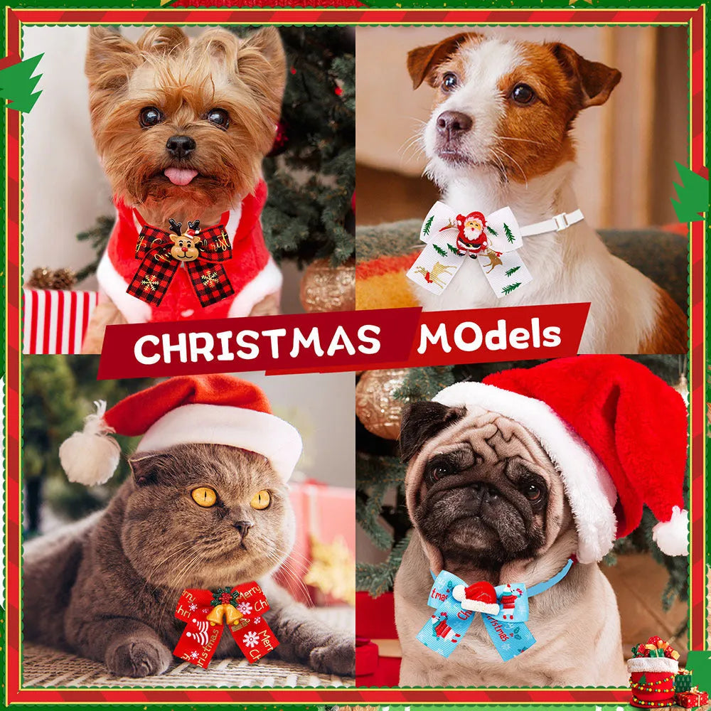 Red and green British style polyester bow tie accessory with elastic band for pet, doll or Christmas tree.