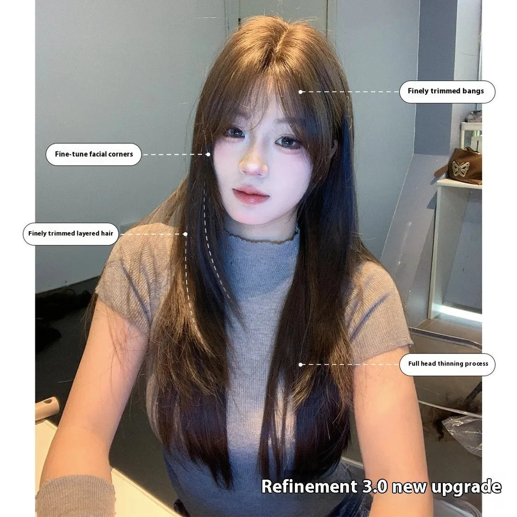 Women's cold brown layered long straight full-head wig with high temperature fibre hair