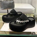 Women's black satin thick-soled flip-flops with rhinestone detail, round head, rubber sole, size 34-40