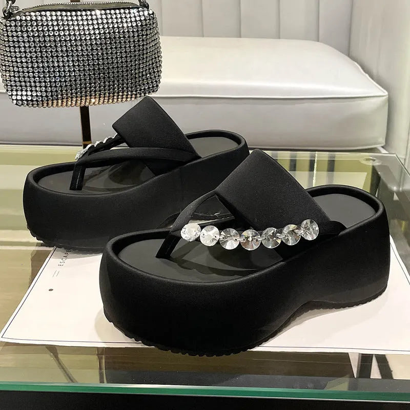 Women's black satin thick-soled flip-flops with rhinestone detail, round head, rubber sole, size 34-40