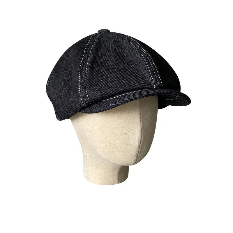 Black Japanese denim fabric beret hat shown on model, retro style unisex headwear