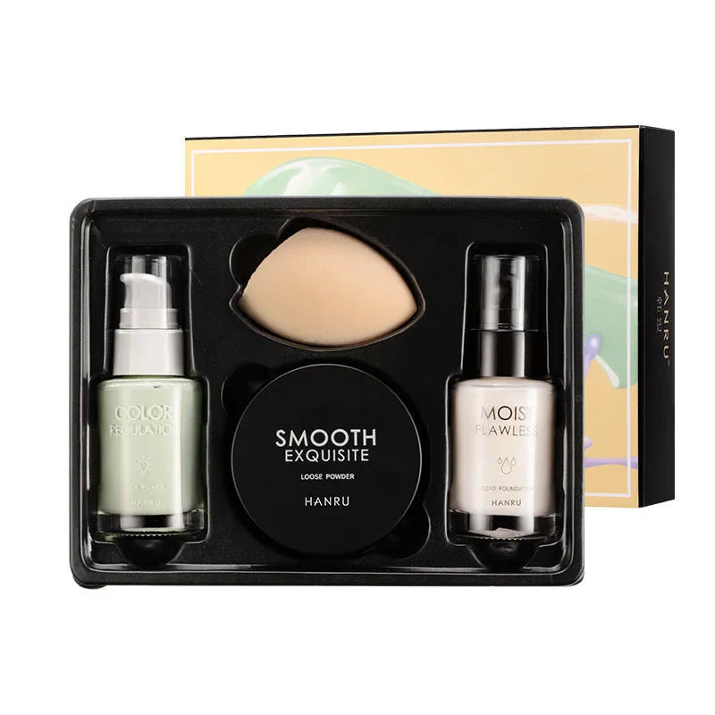 4-piece makeup set with liquid foundation, isolating milk, loose powder, and beauty egg sponge in ivory and green isolation colour option