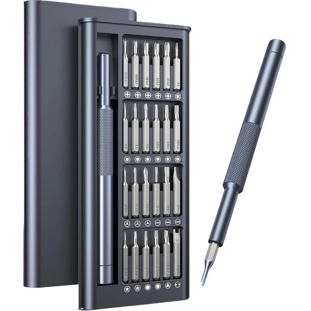 25-in-one screwdriver set with chrome vanadium steel magnetic bits and ABS handle on grey background
