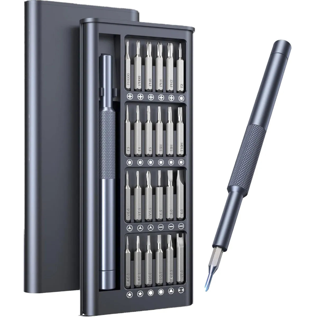 25-in-one screwdriver set with chrome vanadium steel magnetic bits and ABS handle on grey background