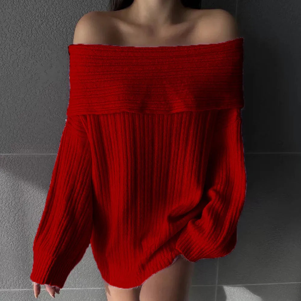 Women's loose off-neck long sleeve pullover sweater in acrylic fabric
