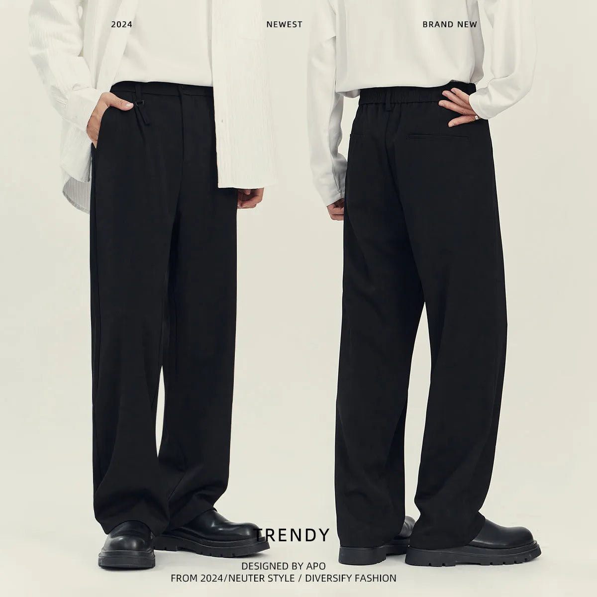 Men's black loose straight-leg business casual trousers on a hanger showing the draping style fit.