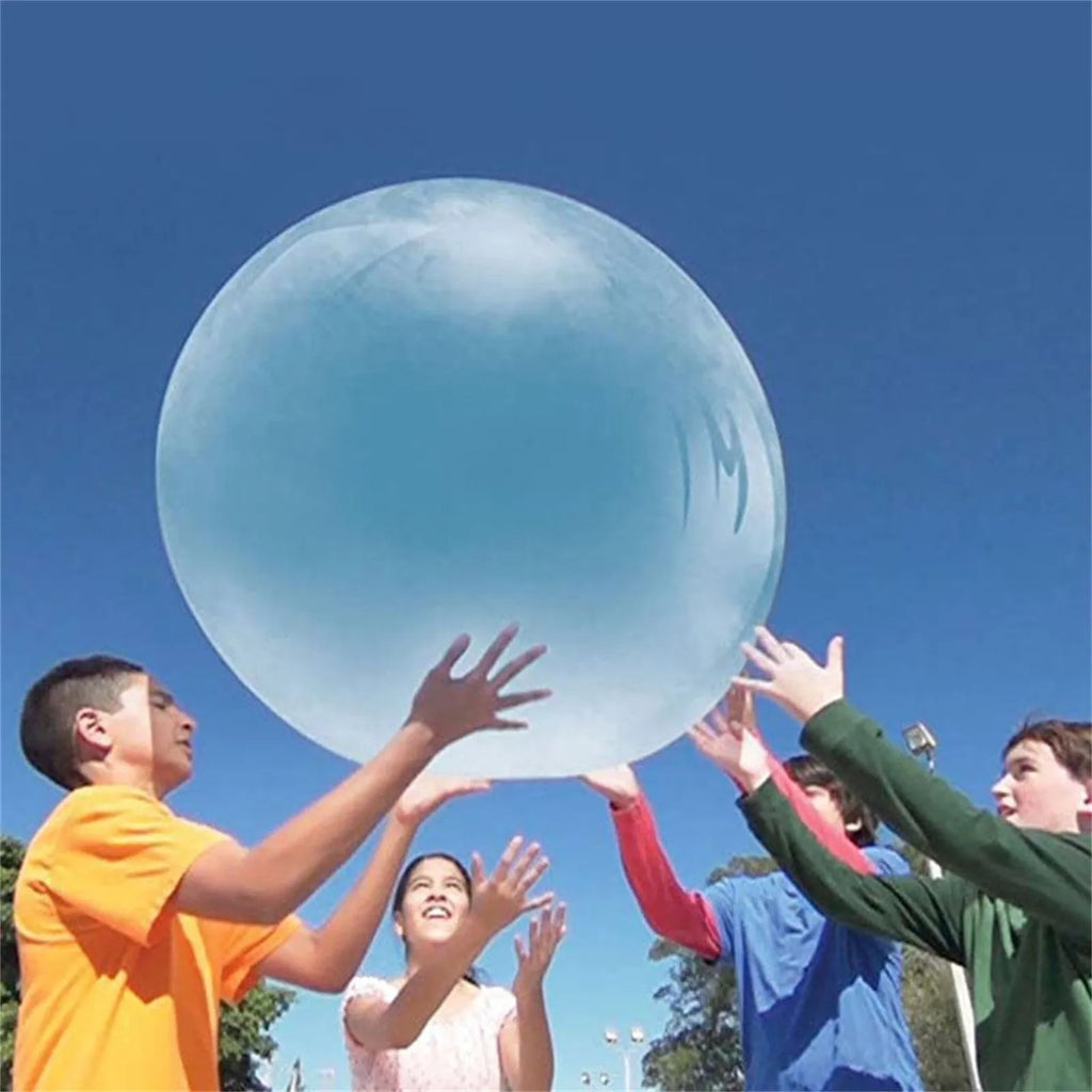 TPR inflatable ball toy in pink, yellow, green, and blue colours showing 40cm to 120cm size range