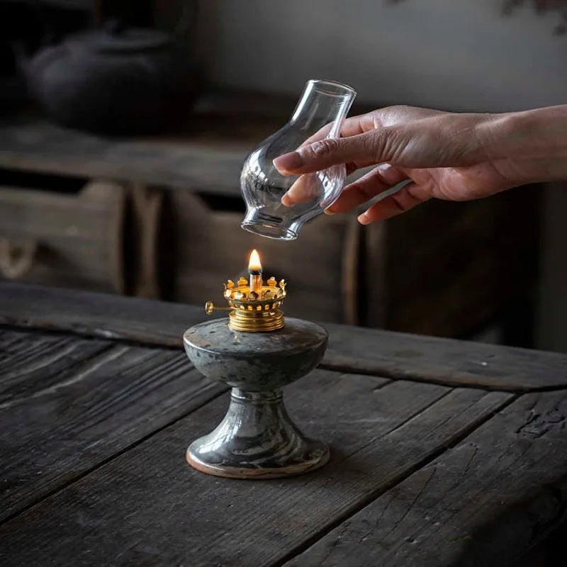 Retro split design black Shino kerosene lamp night light with antique handmade finish, 23.8cm height