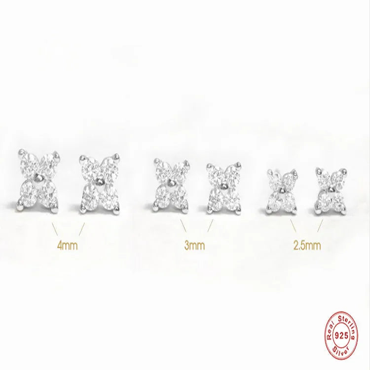 S925 sterling silver stud earrings with a geometric crystal flower design in gold or platinum plating.