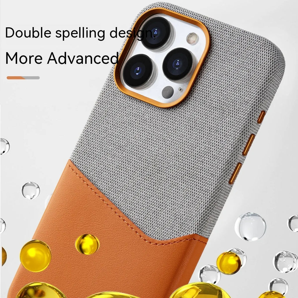 Leather magnetic card phone case in orange colour matching with card holder on back for iPhone