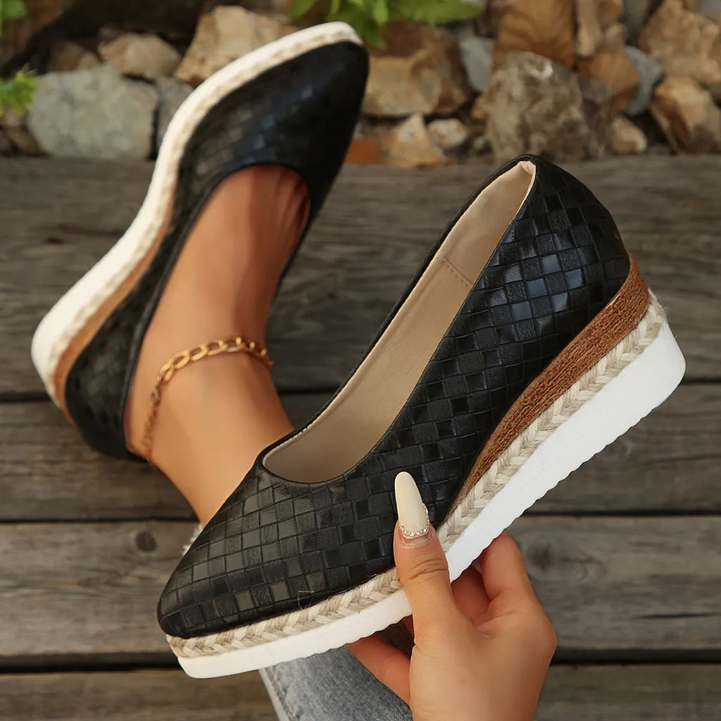 Women's pointed toe wedge platform shoes in black, low-cut casual high heel design