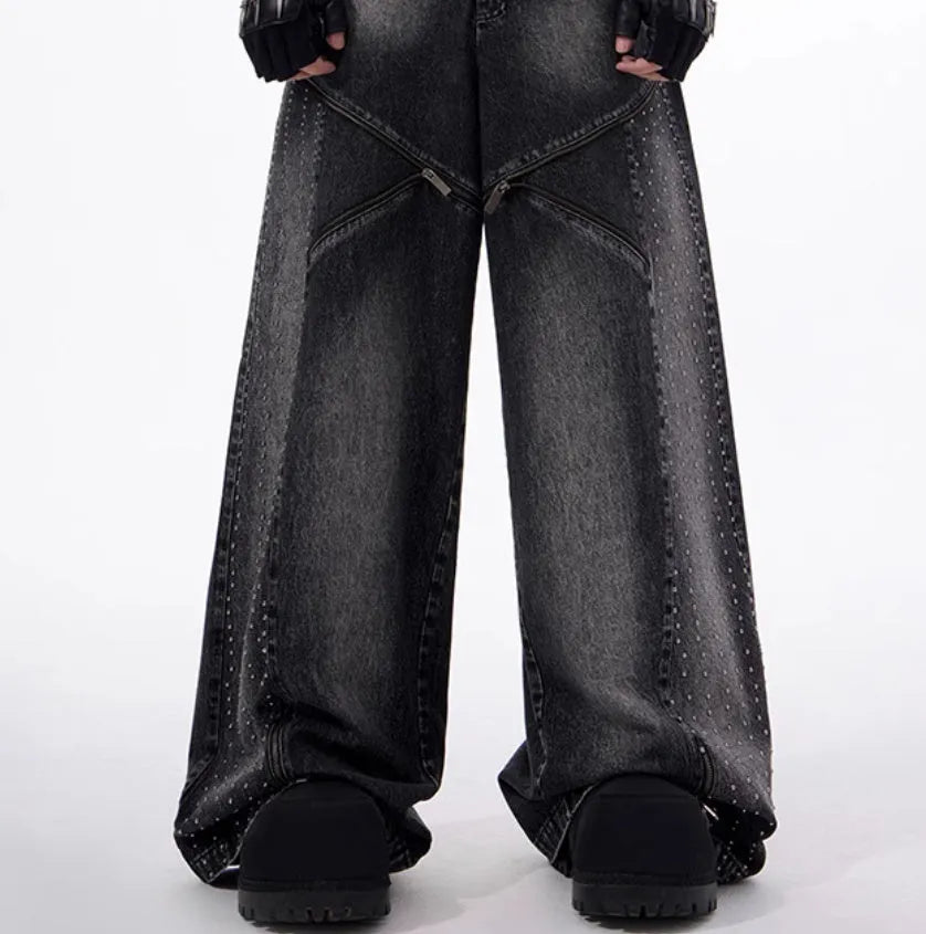 Black and grey structured zipper wide leg pants with washed denim fabric Korean style