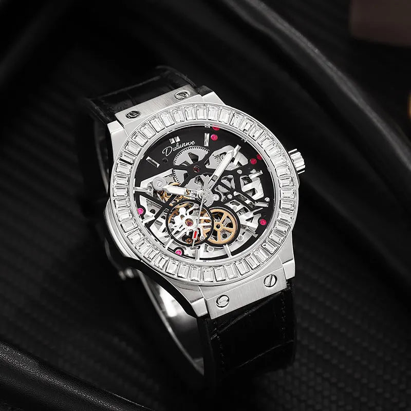Automatic mechanical men's watch with hollow movement and diamond studding in business style