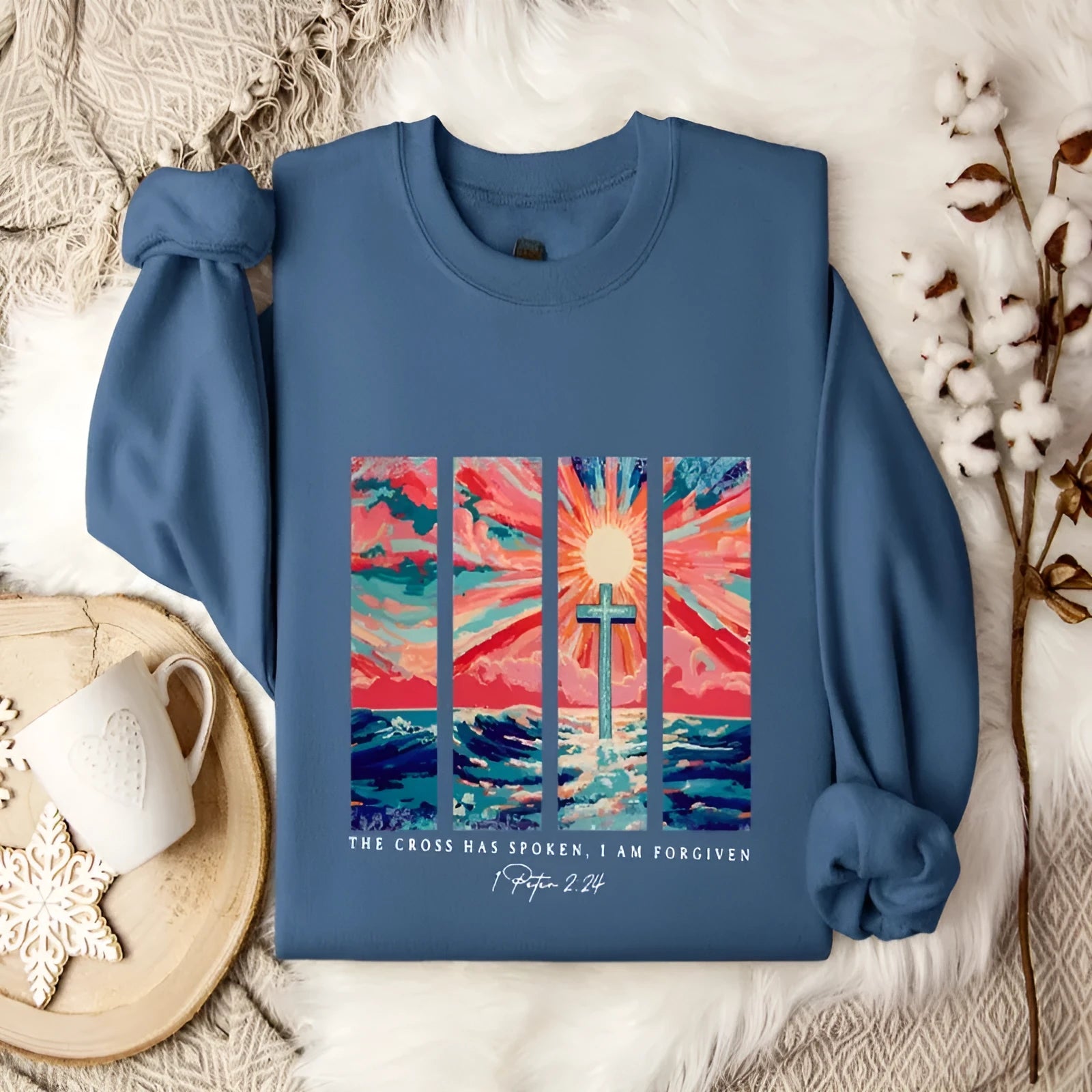 Blue plus size printed sweater with drop-shoulder sleeves and loose street fashion styling