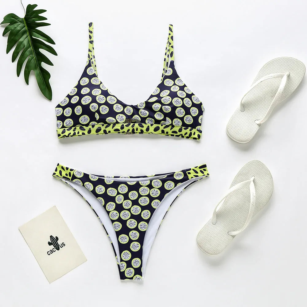 Women's bikini swimsuit in black and white dot or red and white stripe pattern.