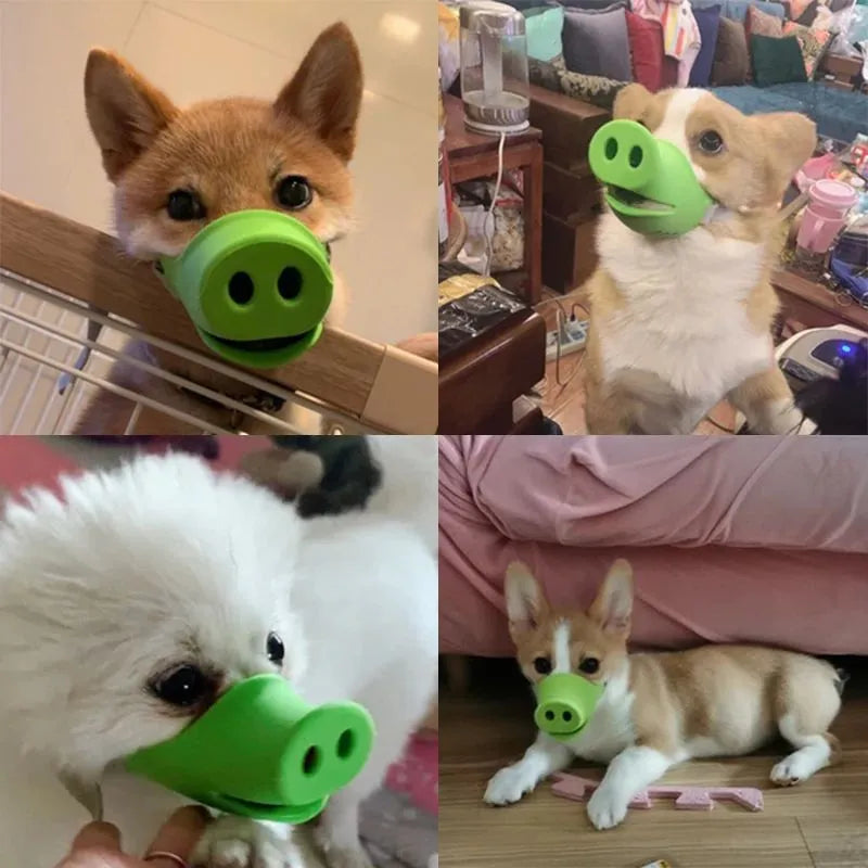 Blue silicone anti-bite mouth cover for dogs showing sizing on long-nosed pet
