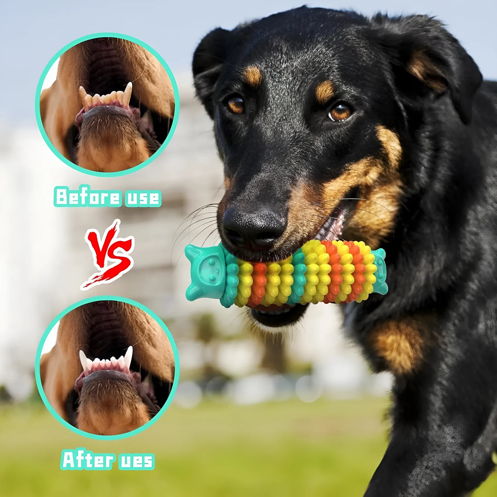 Blue caterpillar-shaped rubber dog chew toy for aggressive chewers
