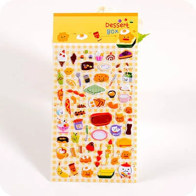 Cartoon three-dimensional bubble stickers sheet showing alpaca, forest animals, and dinosaur designs for hand account decoration