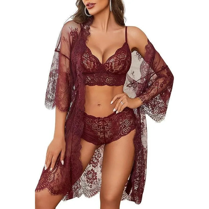 Ladies lace underwear set in apricot colour made from polyester fabric.