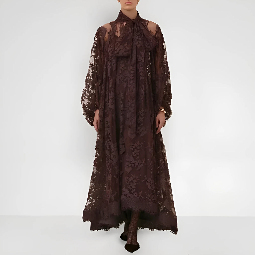 Hollow jacquard sling lace see-through loose ribbon A-line long dress in brown, apricot, and purple