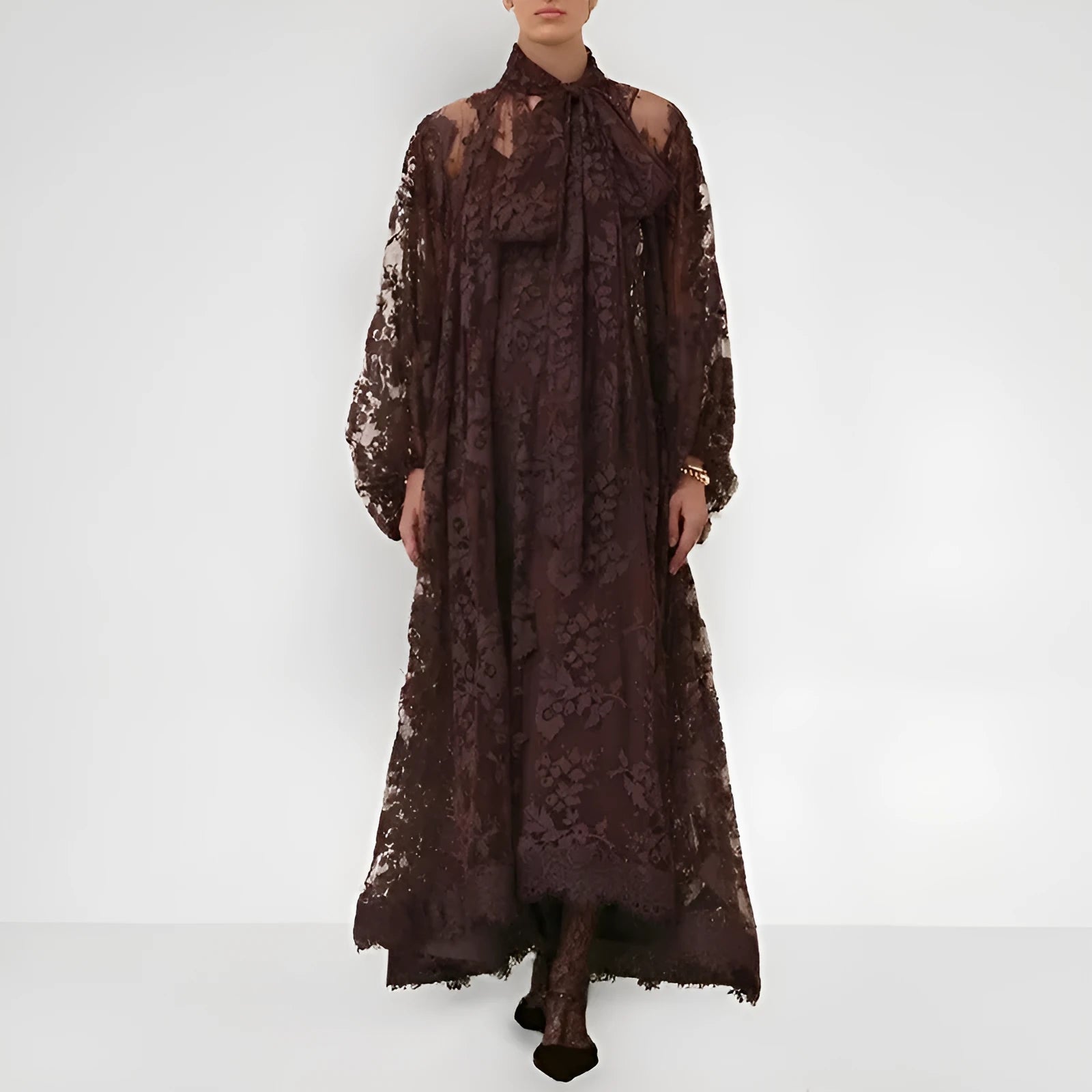 Hollow jacquard sling lace see-through loose ribbon A-line long dress in brown, apricot, and purple