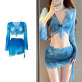 Women's blue high-waist bikini four-piece swimsuit set with shirt and skirt