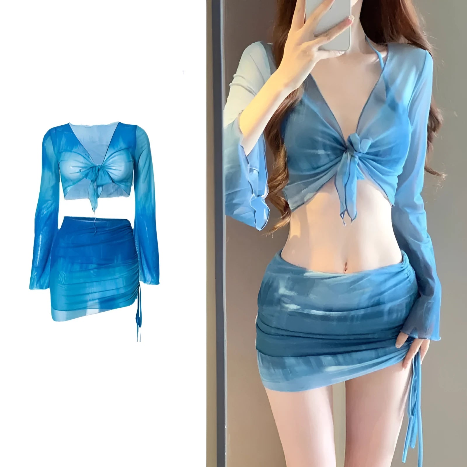 Women's blue high-waist bikini four-piece swimsuit set with shirt and skirt