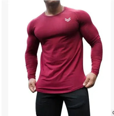 Men's loose quick-dry cotton long-sleeved sports top in plain solid colour, round neck, slim fit, size M to 2XL