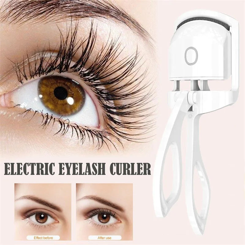 White and pink USB rechargeable heated eyelash curler with dual temperature settings.