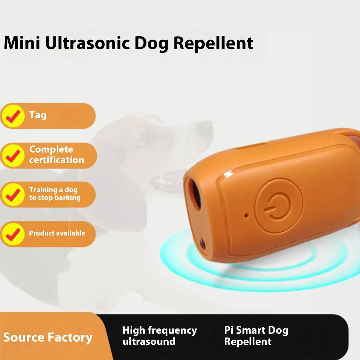 Tag Mini Ultrasonic Dog Dispeller plastic handheld device with lanyard in black