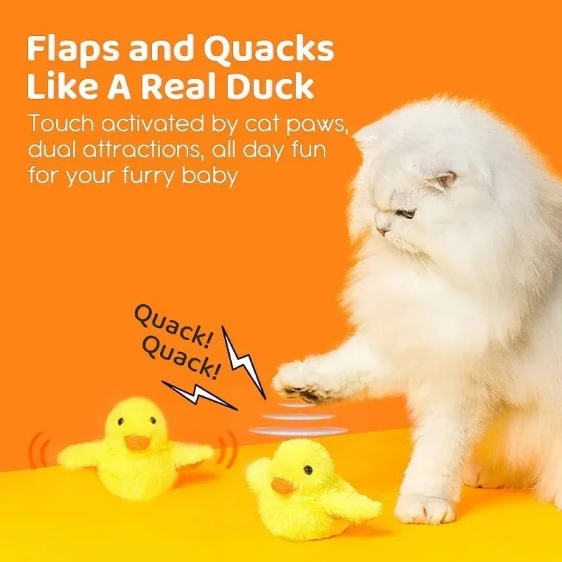 Yellow flapping duck cat toy with catnip filling and USB charging cable