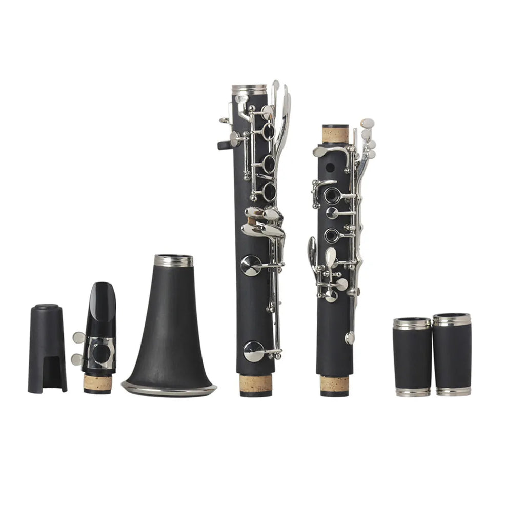 Black Bakelite clarinet with nickel-plated 17-key mechanism and carrying bag