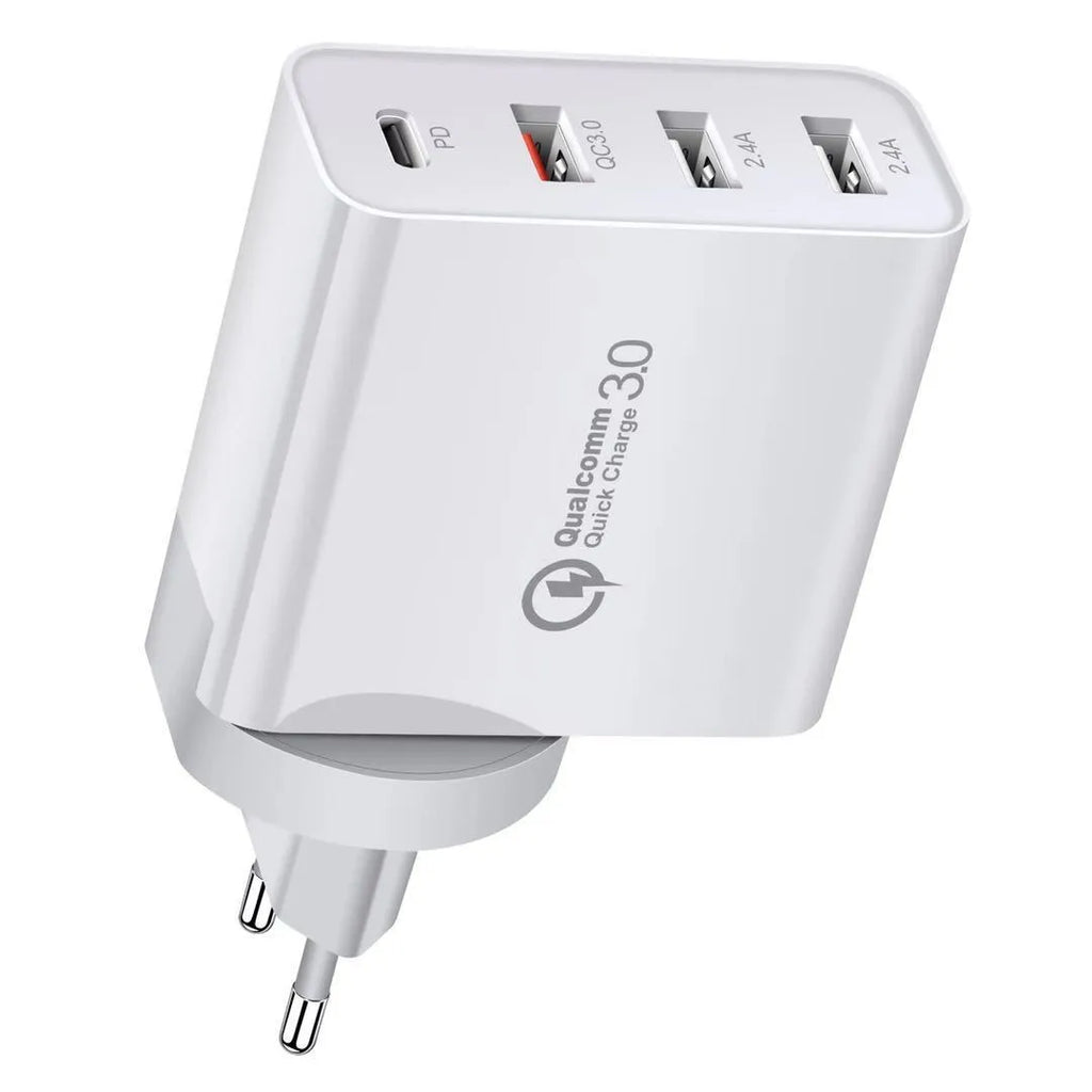 Fast charge mobile phone charger with multiple USB ports in black or white with international plug options