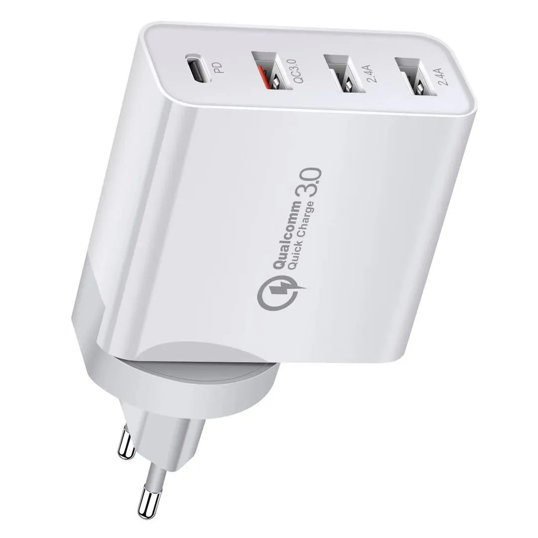 Fast charge mobile phone charger with multiple USB ports in black or white with international plug options