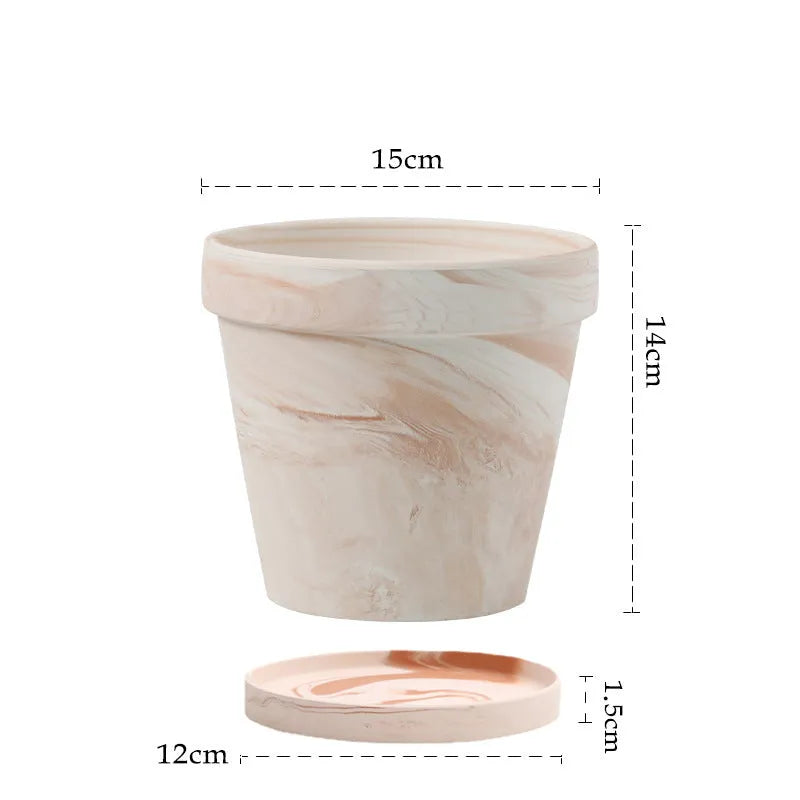 Gradient macchiato red and white pottery flowerpot on desktop with green plant, sizes 10cm to 30cm