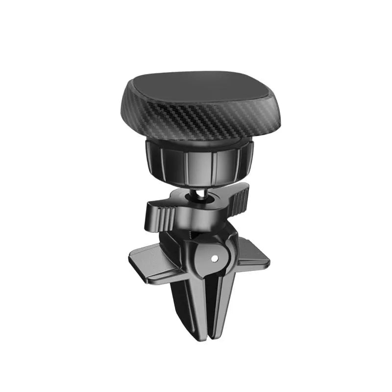 Black magnetic car phone holder attached to vehicle air vent with adjustable clamp