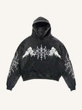 Men's black hooded long sleeve sweatshirt on plain background