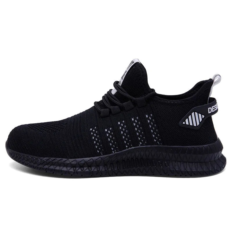 Men's steel toe work safety shoes breathable fly woven mesh low top black orange