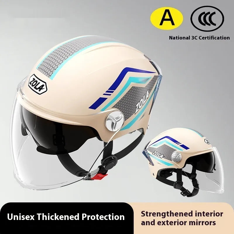 Children's 3C motorcycle half-helmet with a double visor shown in light brown colour.