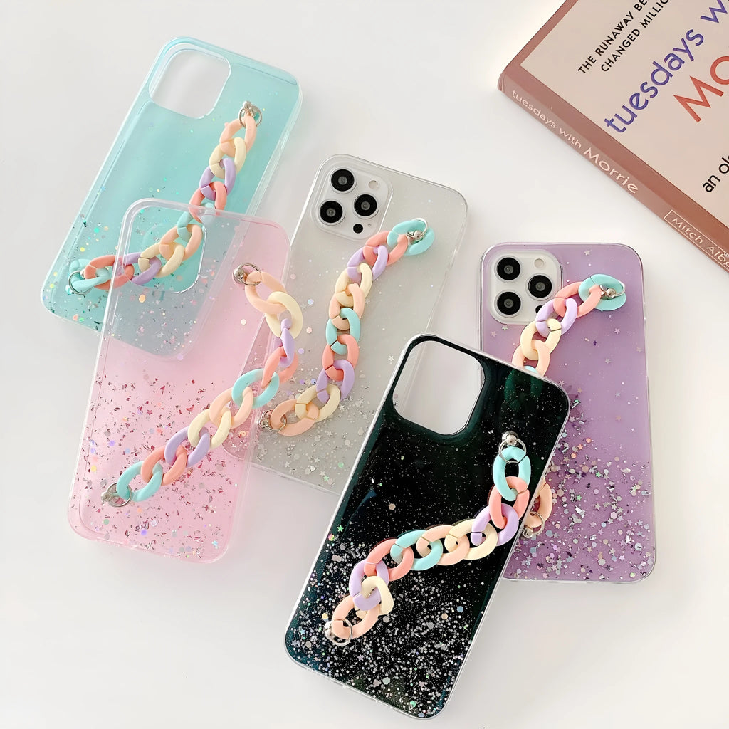 Silicone soft cover phone case with bracelet starry starry pattern and lanyard hole for iPhone 14 15 Pro Max