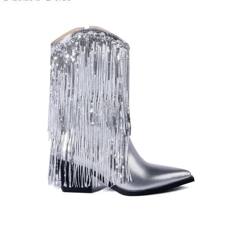 Women's black chunky heel ankle boots with tassel detail and super high stiletto heels.
