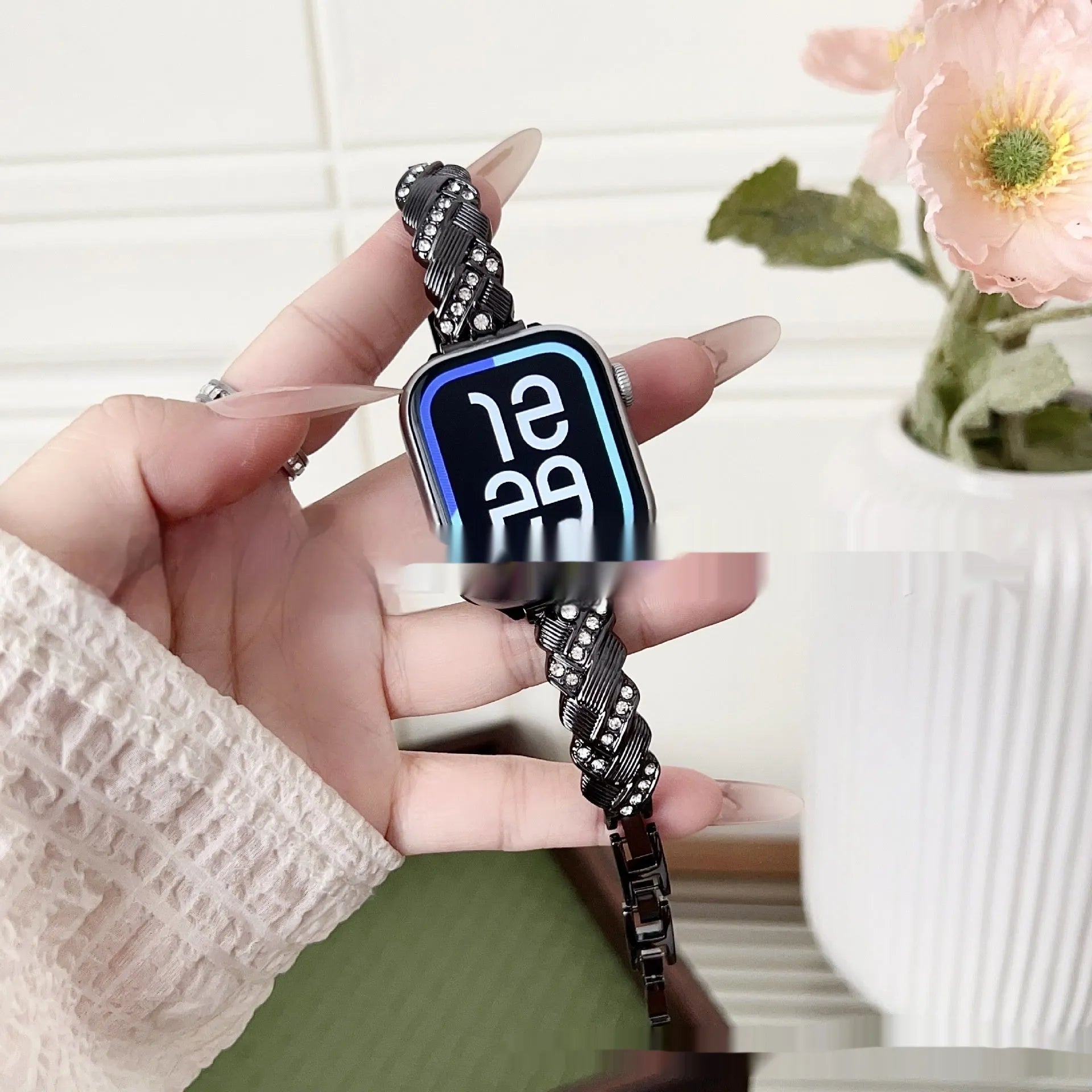 Diamond twist design metal watch strap for Apple Watch in silver, rose gold, gold, black, and starlight colour options