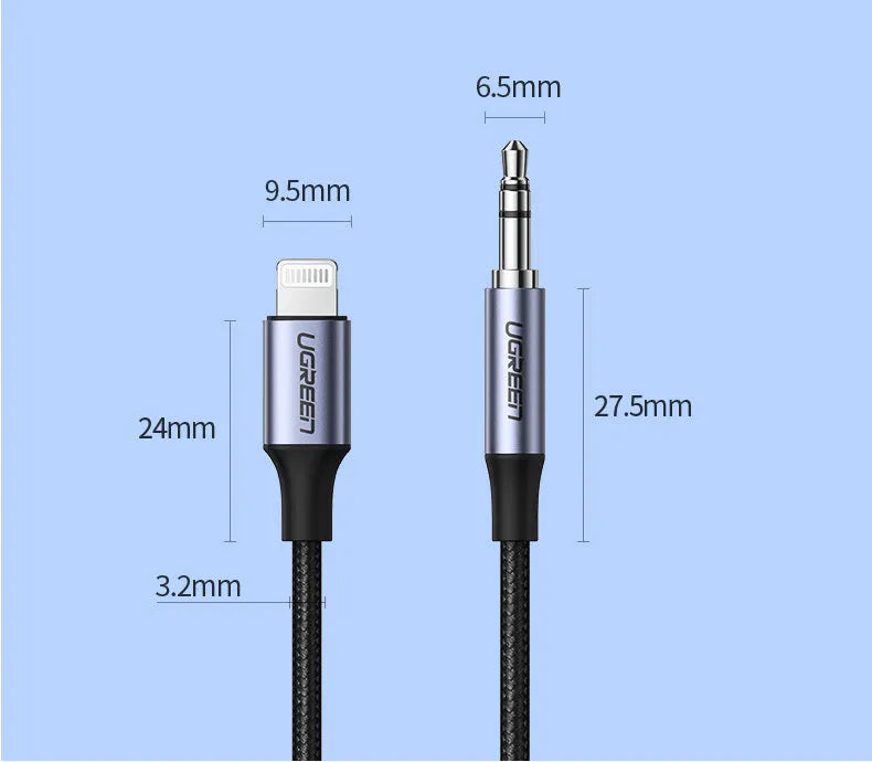 Black Apple Lightning to 3.5mm car audio adapter cable with aluminium shell and braided cable