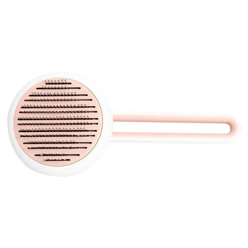 Blue automatic pet hair remover comb with stainless steel teeth and a button on the handle.