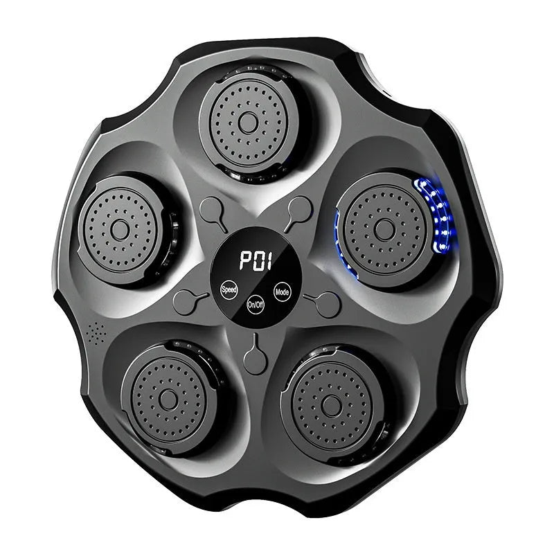 Black Bluetooth music boxing wall target hanging on a wall with paired boxing gloves.