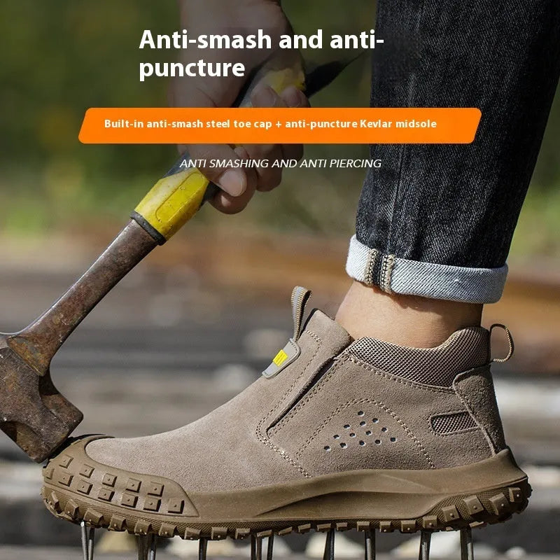 Mid-calf welding safety shoes with steel toe in gray colour, showing suede leather steel cloth upper construction